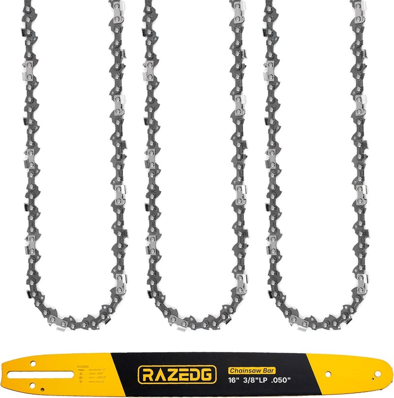 RazEdg 16 Inch Chainsaw Bar and Chain Combo, 3/8" LP Pitch, 050" Gauge, 56 Drive Links, Fits Ryobi, Makita, Echo, Poulan, Craftsman, Greenworks and More (1 Bar + 3 Chains) - Image 1